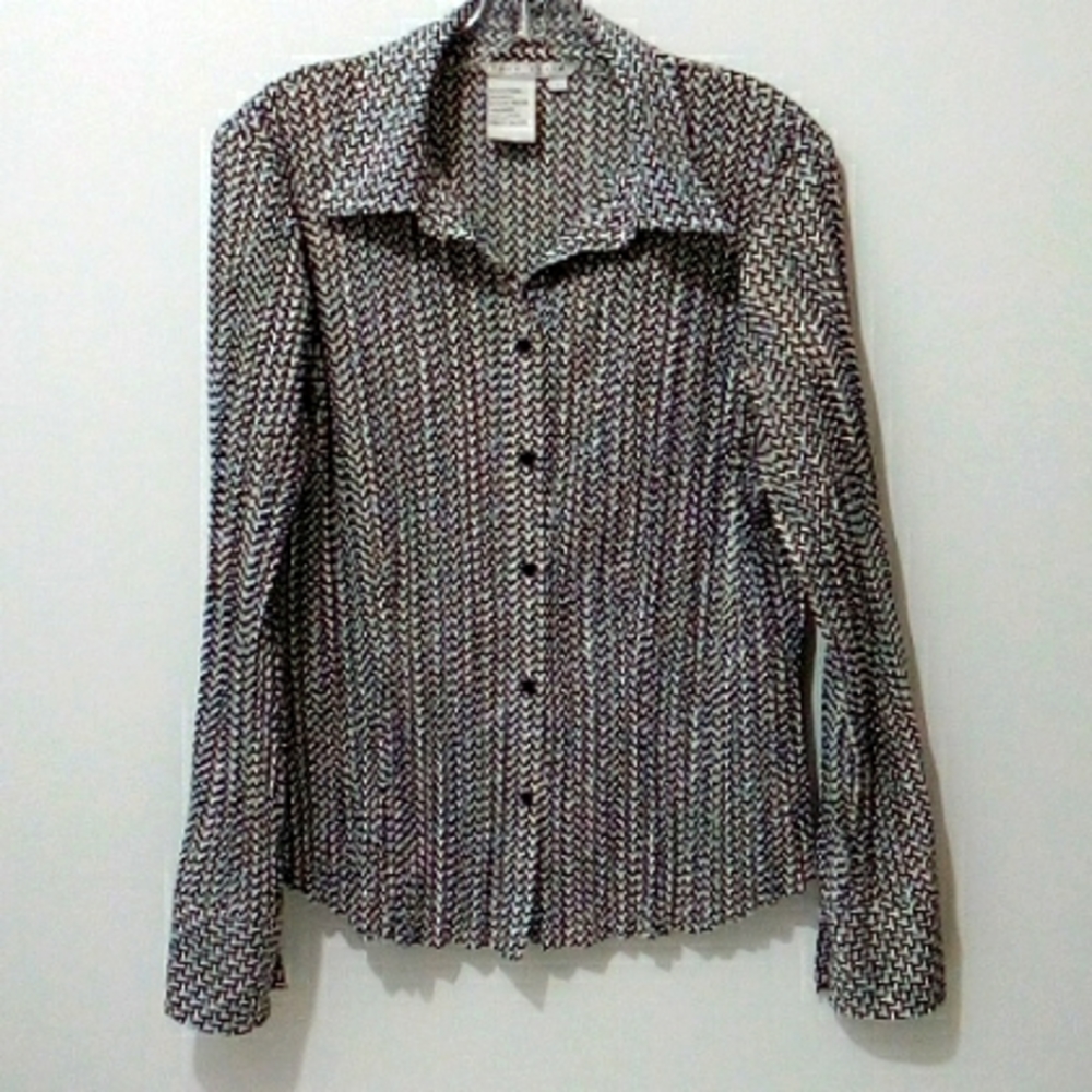 Fred David black white and grey blue print button down shirt size L